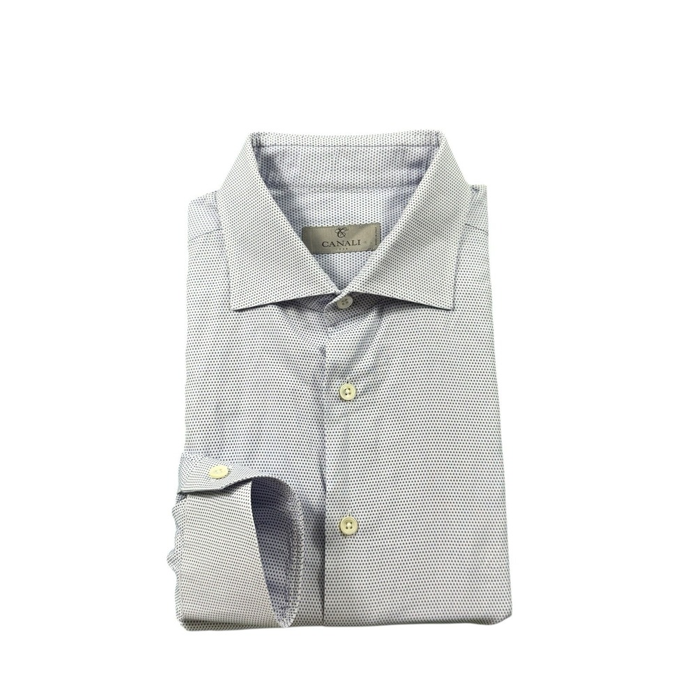 Canali 1934 Mens White Blue Micro Dot Print Cotton Button Front Shirt 2XL